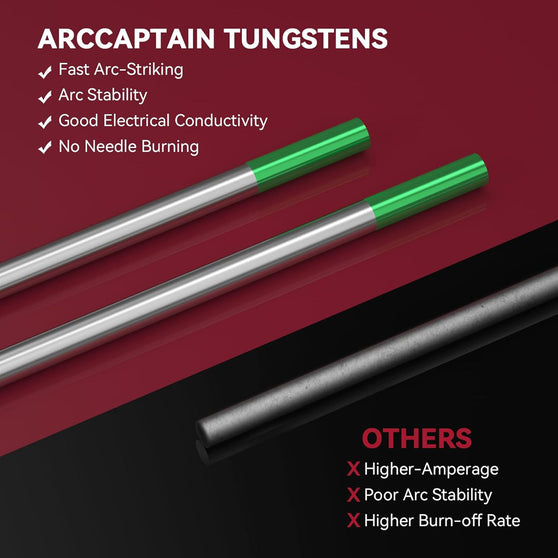 ARCCAPTAIN TIG Welding Tungsten Electrode 10-Pack(Green - Pure Tungsten, WP, EWP)