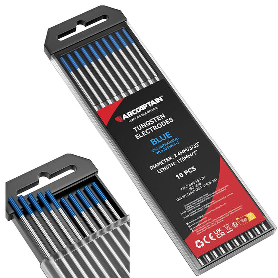 مجموعة من 10 أقطاب لحام تنجستن من ARCCAPTAIN TIG (أزرق - 2% سيرياتيد، WC20/EWCe-2) 