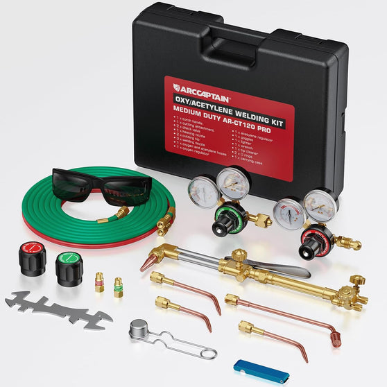 ARCCAPTAIN Oxy Acetylene Torch Kit with Check Valves, Medium Duty Gas Welding Cutting Torch Kit with Hose, Regulator Gauges, Cutting Tip, 3 Welding Tips and Storage Case