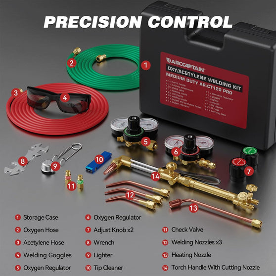 ARCCAPTAIN Oxy Acetylene Torch Kit with Check Valves, Medium Duty Gas Welding Cutting Torch Kit with Hose, Regulator Gauges, Cutting Tip, 3 Welding Tips and Storage Case