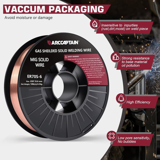 ARCCAPTAIN Mig Welding Wire Mig Wire ER70S-6 10Lbs Gas Solid Carbon Steel Low Splatter Mig Welding Wire