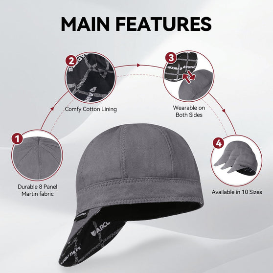 ARCCAPTAIN Reversible Welding Cap 10 oz Fireproof Cotton Comforts Gray