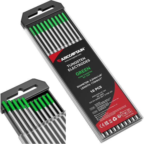 ARCCAPTAIN TIG Welding Tungsten Electrode 10-Pack(Green - Pure Tungsten, WP, EWP)